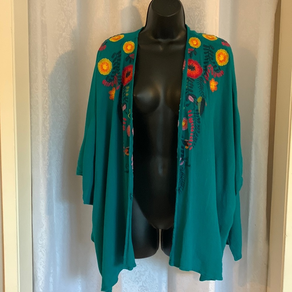 Umgee Teal Green Floral Embroidered Kimono